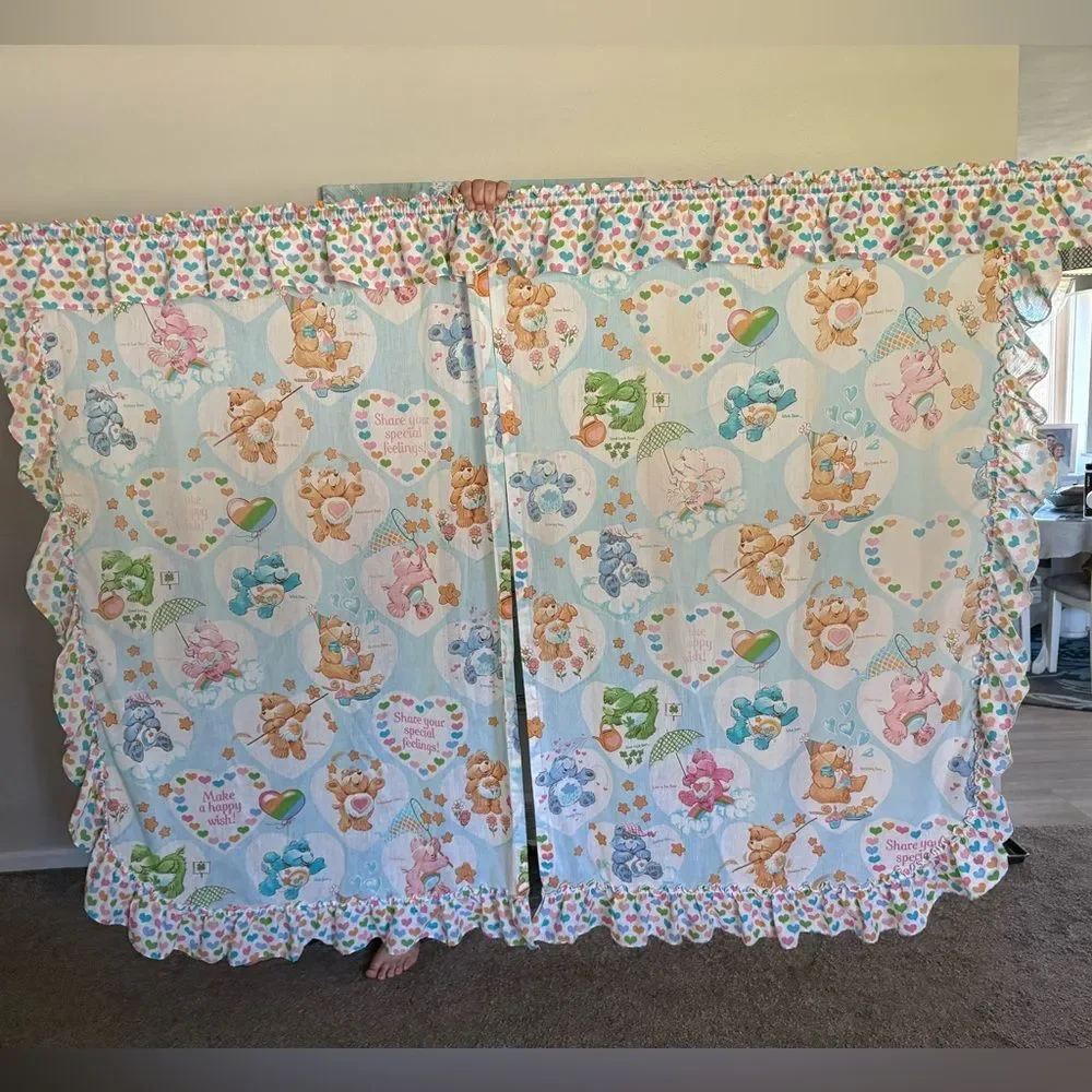 Vintage Care Bear Curtain 2 Sets Hearts Ruffles 1980’s
